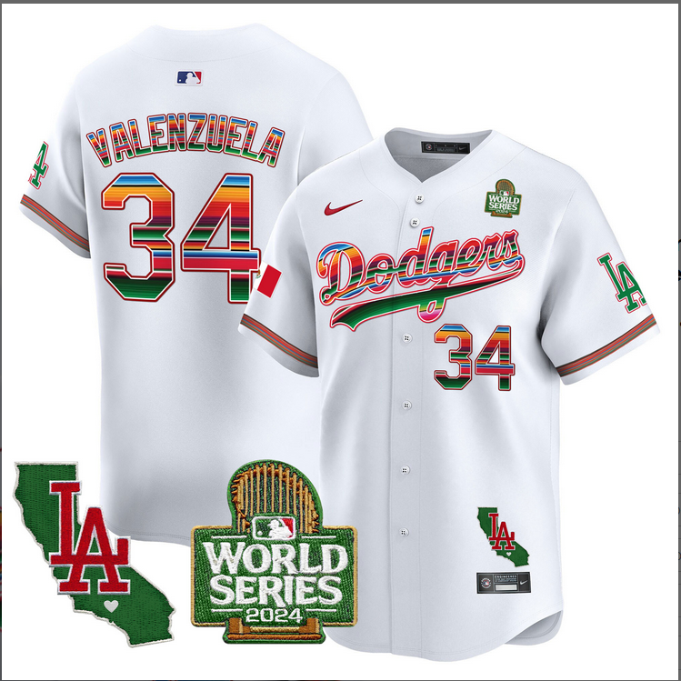 Men MLB Mexico Los Angeles Dodgers #34 Valenzuela white 2024 World Series Champions Patch Jersey 20241105->los angeles dodgers->MLB Jersey
